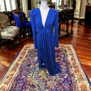 SheinSXY EUC+ Royal Blue Slit Sexy Maxi Deep V Low Cut Long Sleeve Dress Sz XL